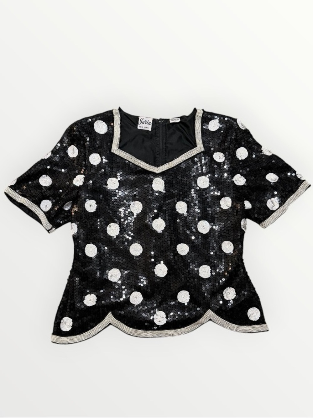 SARIN New York Black Sequin White Polka Dot Short Sleeve Silk Top Vintage L